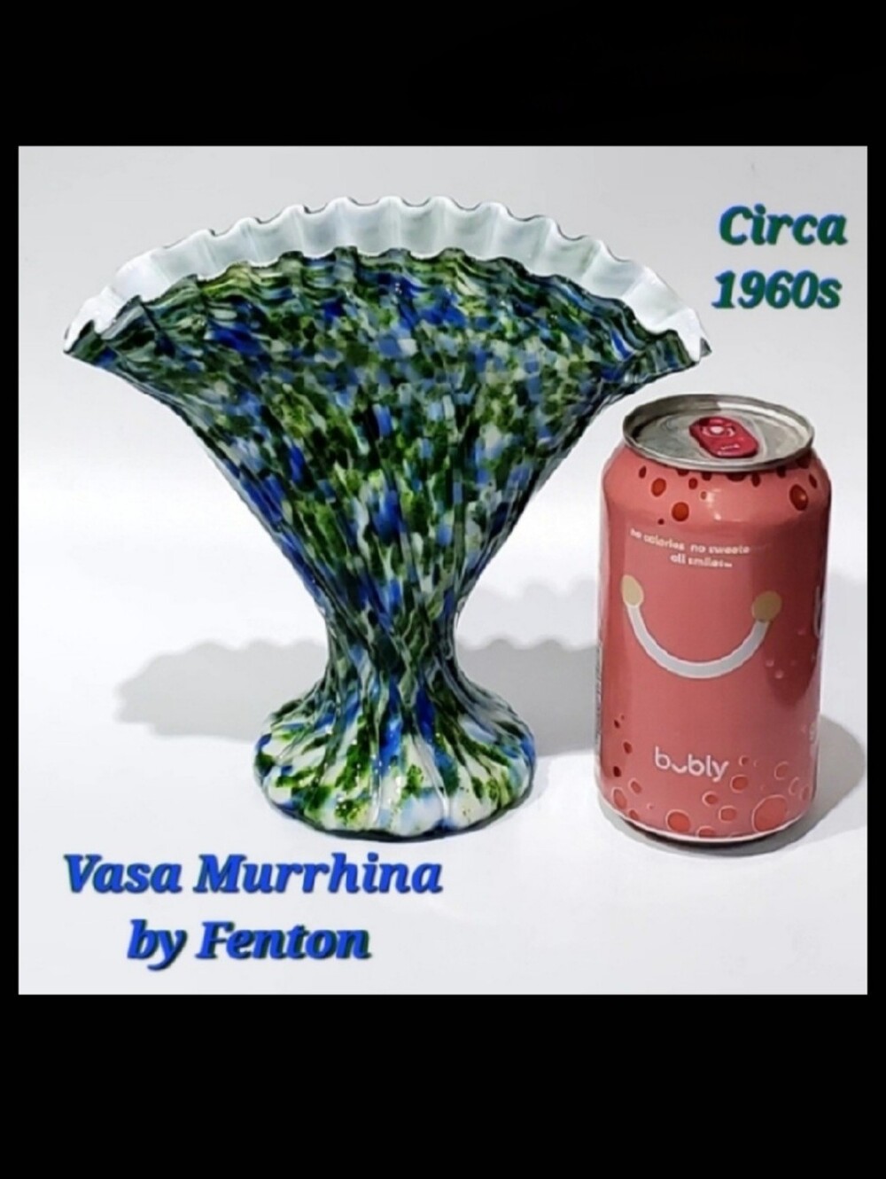 Vasa Murrhina Aventurine Green Blue Ruffled Cased Art Glass 7" Fan Vase Fenton